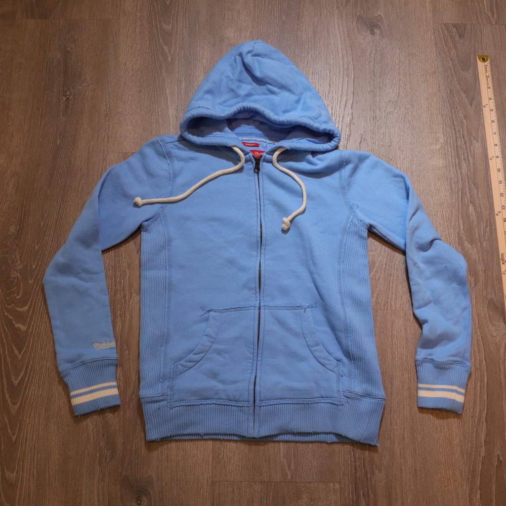 Mitchell‎ Ness Womens Distressed Blue Zip Up Hoodie Sweatshirt Size Small